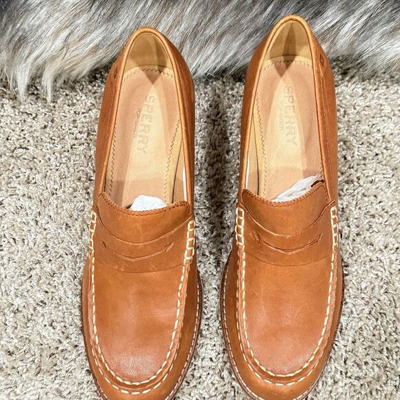 Sperry Seaport Penny Block Heel Loafer Womens Sz 7 Tan Leather Cushioned Comfort - Picture 6 of 15